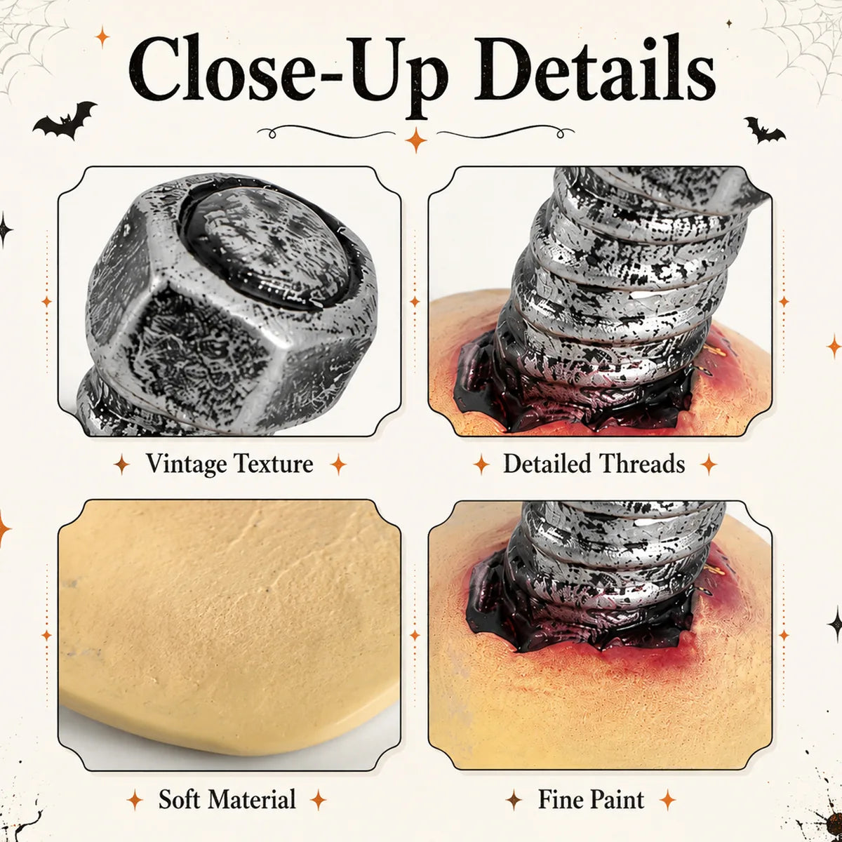 Close-up details of the latex screw prosthetic, showing visible texture, color, and construction.