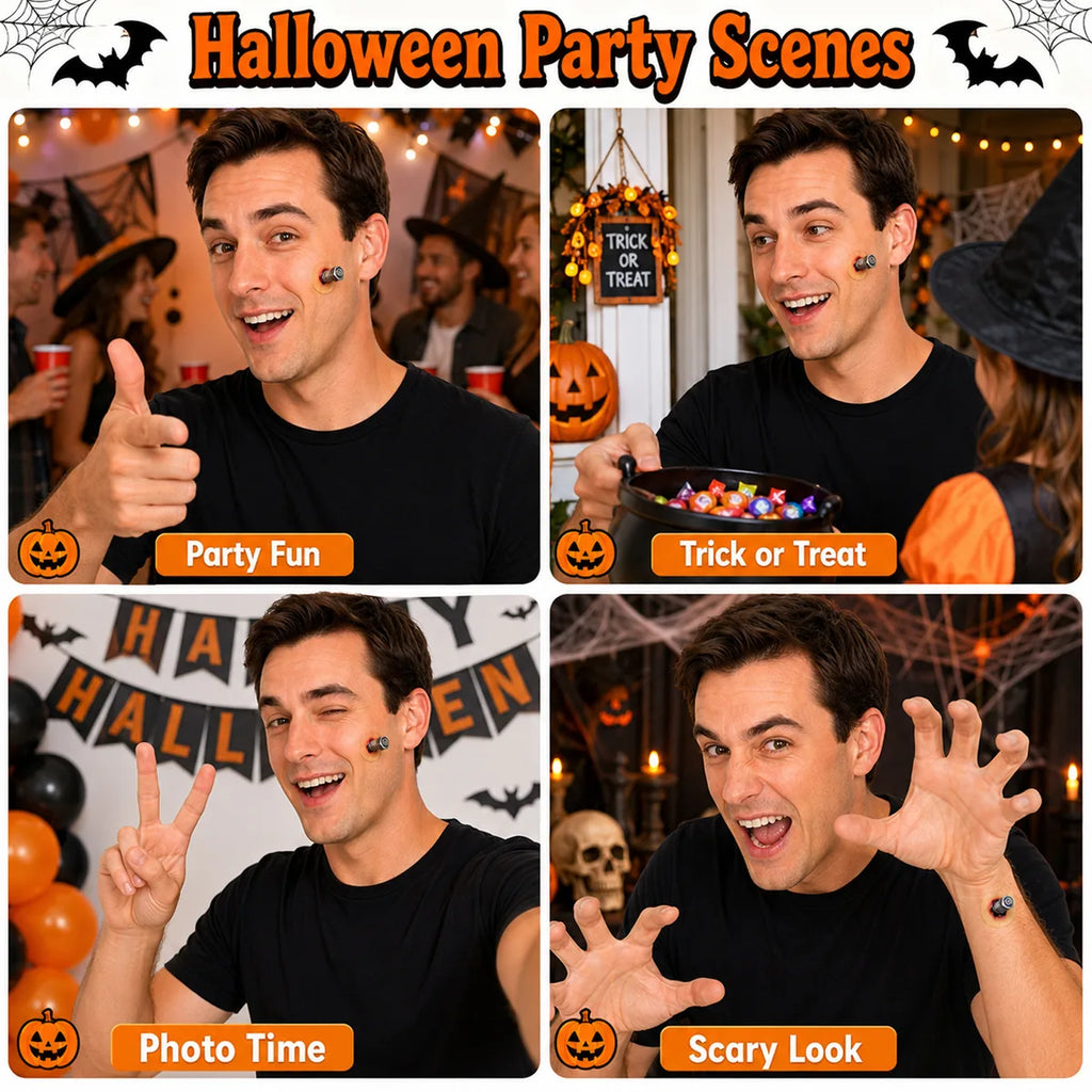 The latex screw prosthetic shown across several styled Halloween and event display scenes.