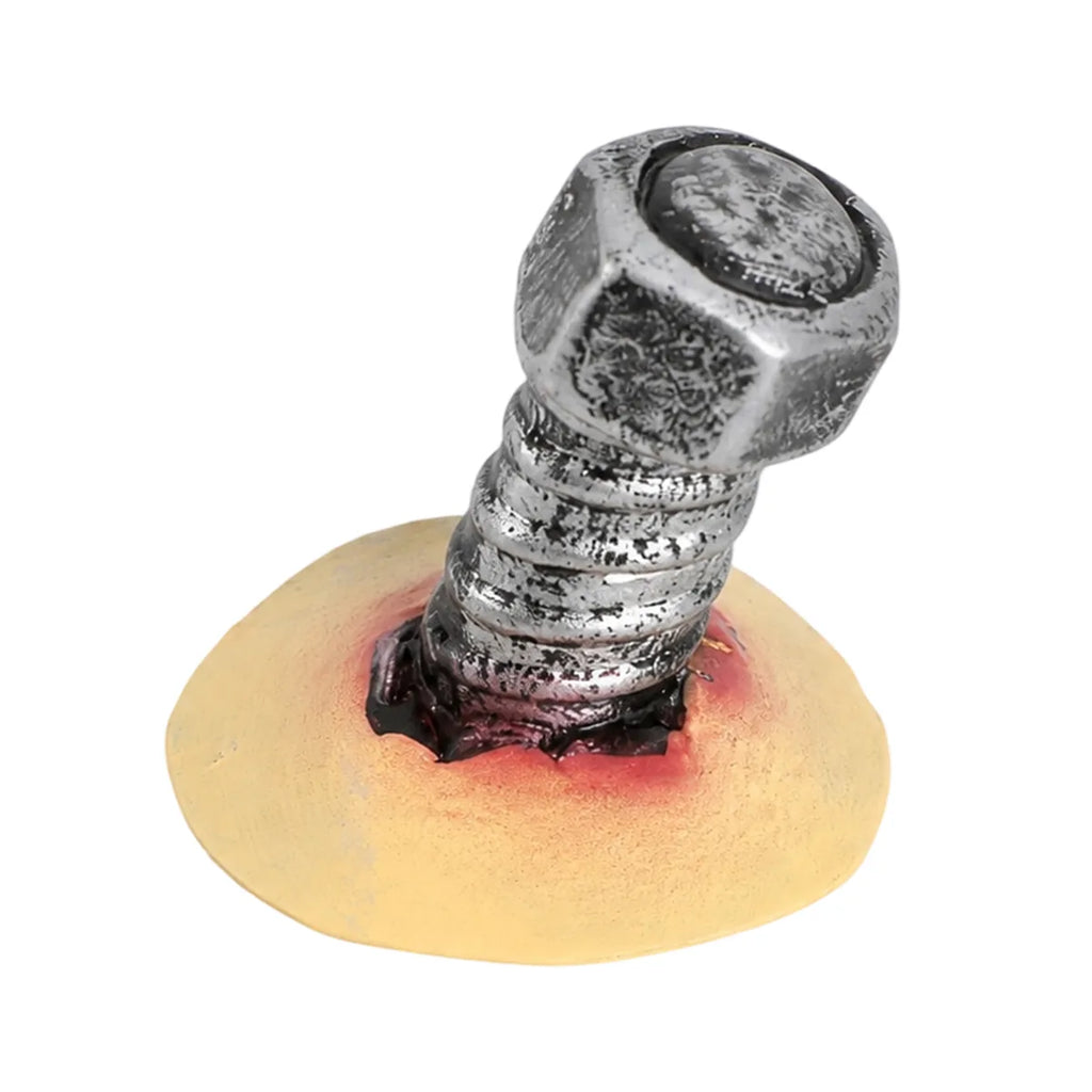 Side view of the latex screw prosthetic, showing its profile and visible construction details.