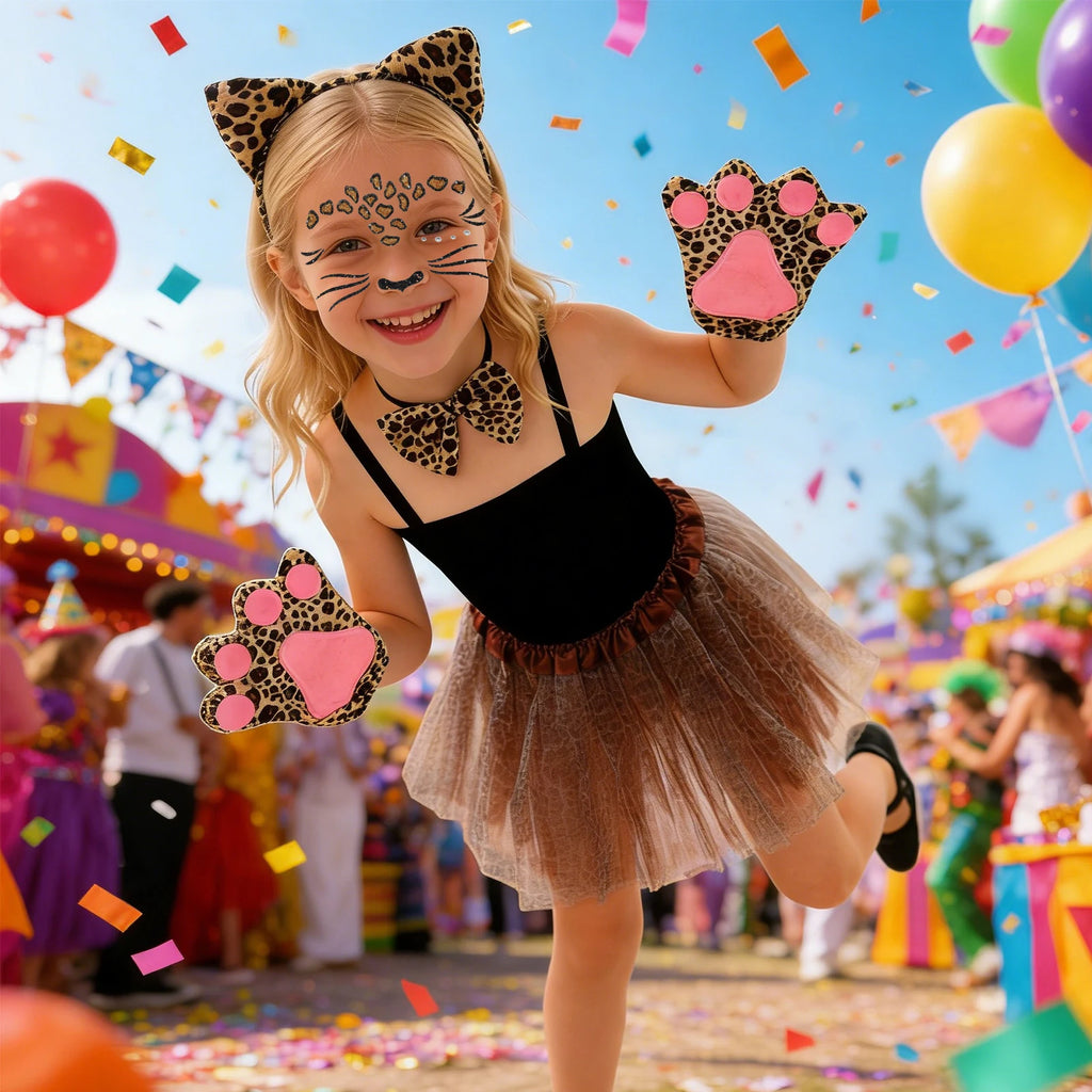 Girl wearing the leopard tutu costume set at a colorful carnival-themed party.