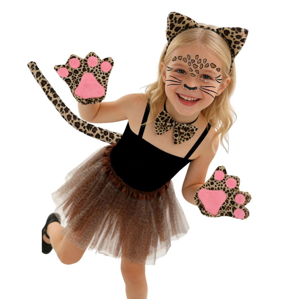 Close-up worn view highlighting the leopard cat ears, bow tie, paw gloves and spotted tutu.