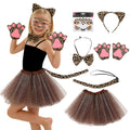 Leopard girls' animal costume six-piece set with tutu, cat ears, tail, bow tie, paw gloves and face stickers.