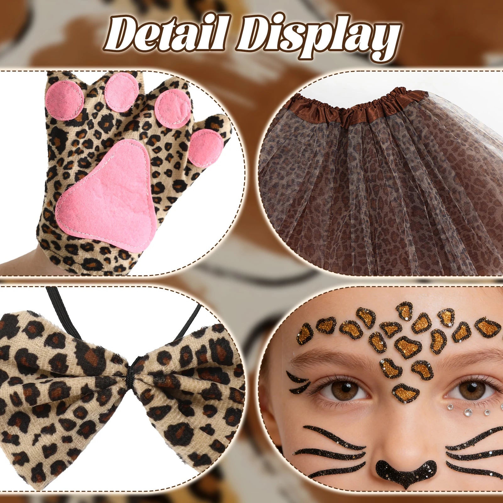 Detail closeups of leopard print, paw gloves, cat ears, tail and tutu construction.