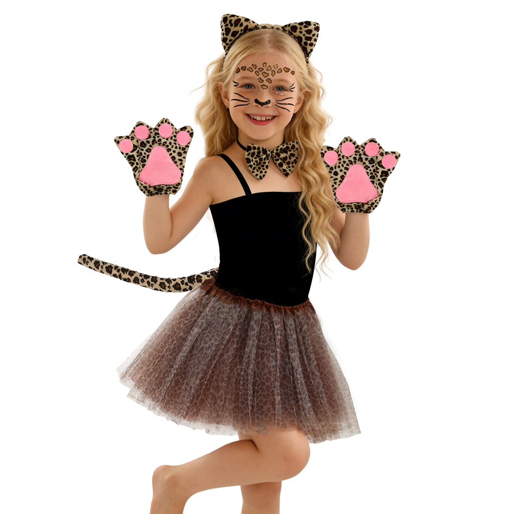 Front worn view of the girls' leopard costume accessories paired with a black top.