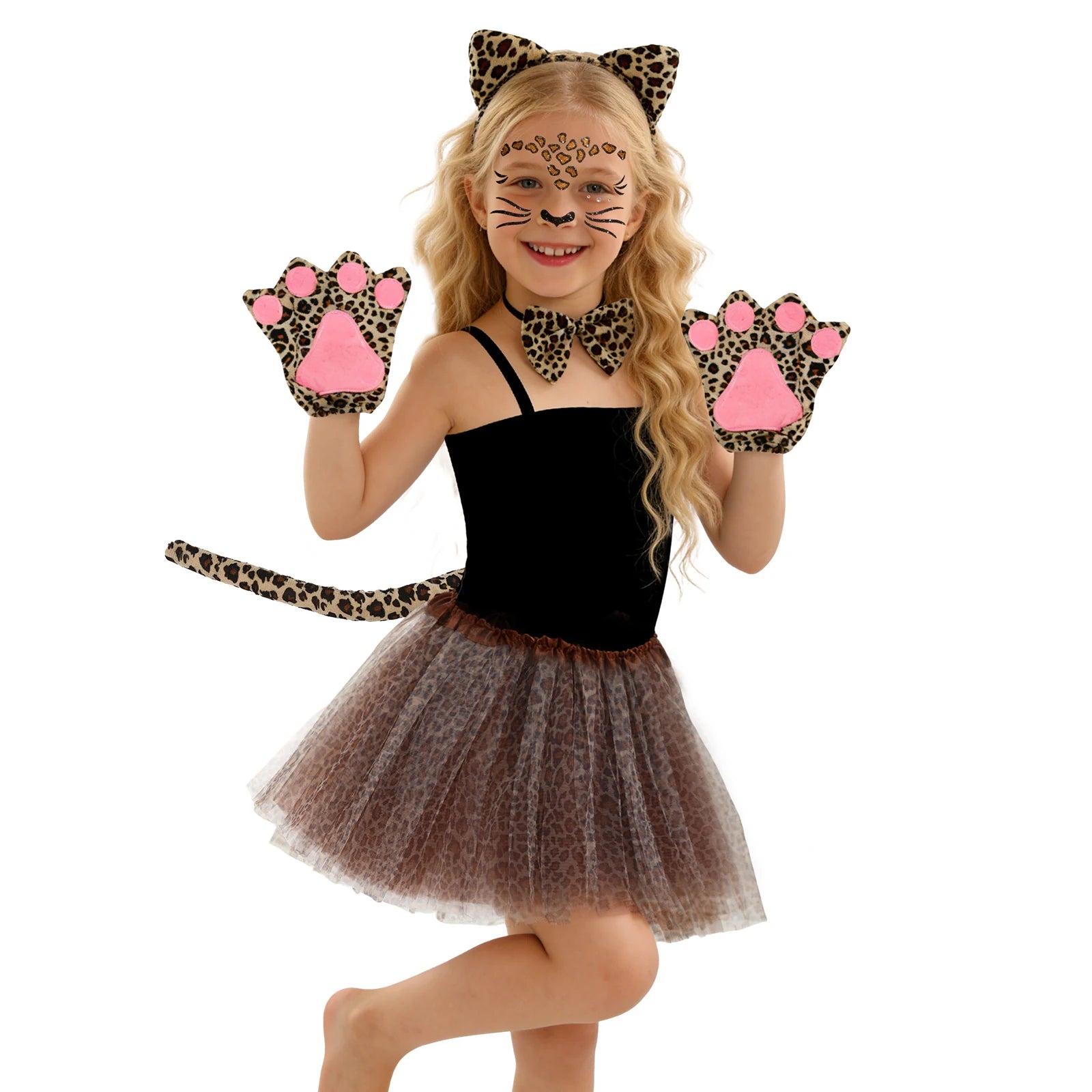Front worn view of the girls' leopard costume accessories paired with a black top.