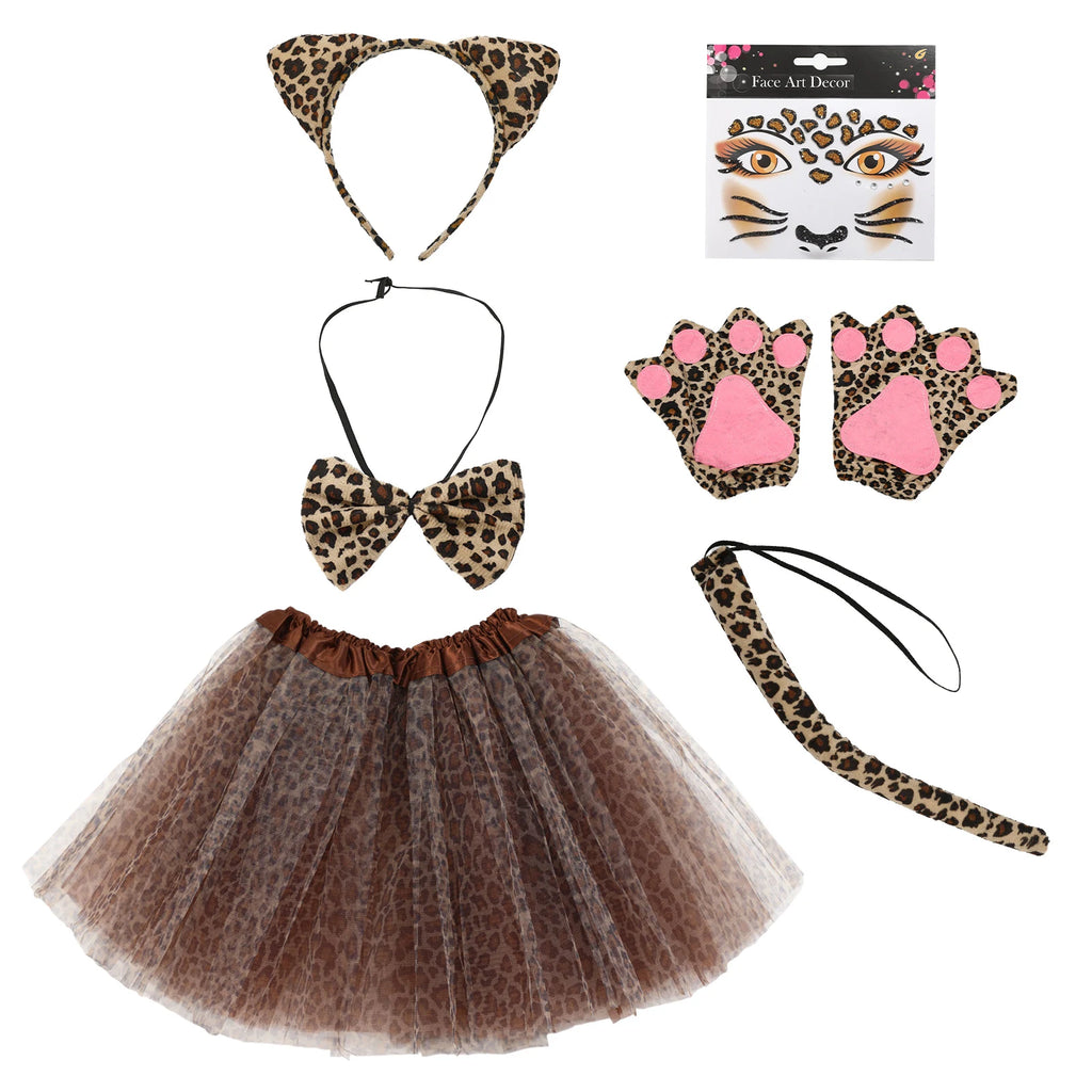 Flat lay of the leopard costume set showing tutu, cat-ear headband, tail, bow tie, paw gloves and sticker sheet.