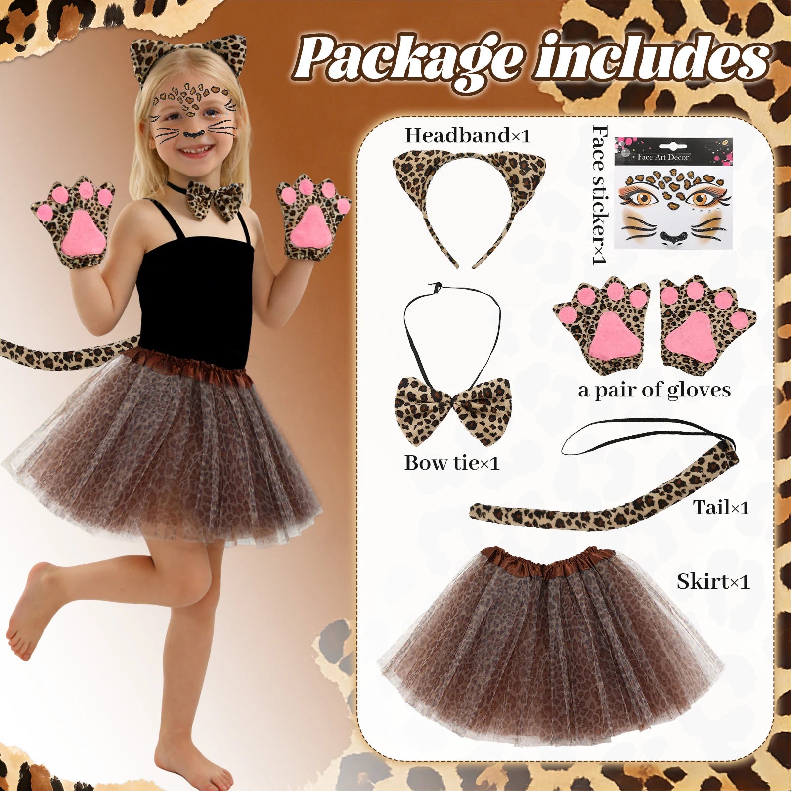 Included-pieces guide labeling the tutu, cat ears, tail, bow tie, paw gloves and face stickers in the leopard costume set.