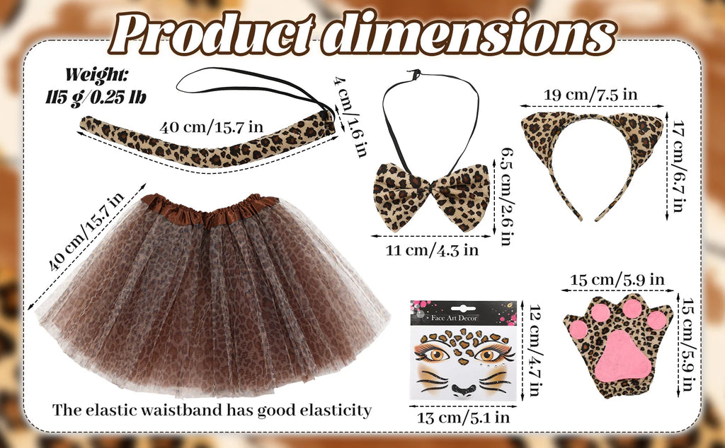 Measurement guide for each piece in the leopard girls' animal costume set.
