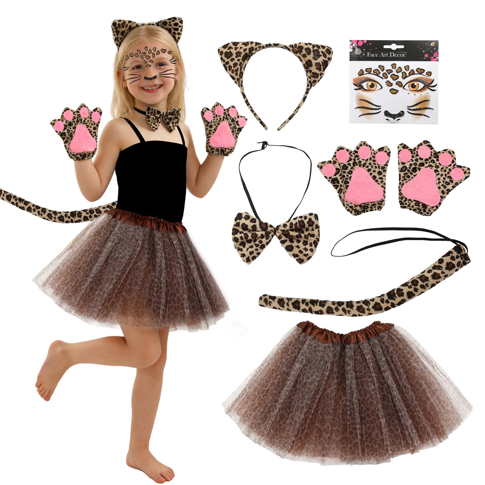 Leopard costume worn view beside the complete six-piece accessory set for comparison.