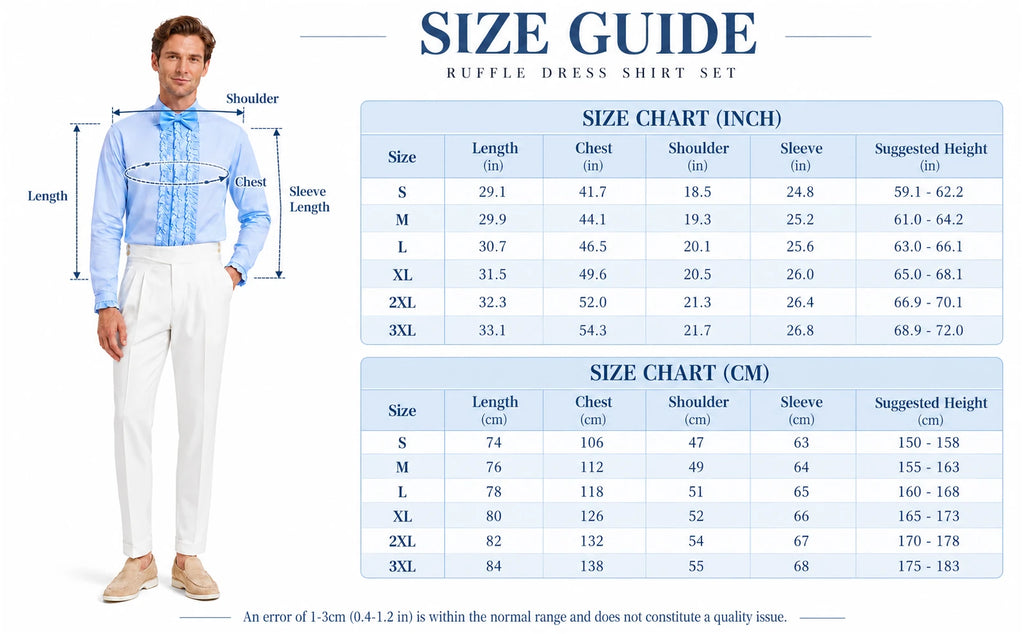 The light-blue ruffle shirt size guide lists S–3XL measurements and suggested wearer height in inches and centimeters.