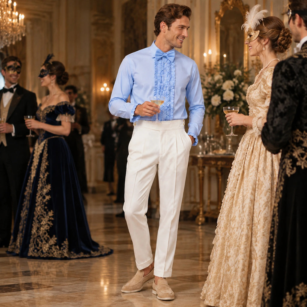 A man wearing the light-blue ruffle shirt and bow tie holds a glass at a candlelit evening party.