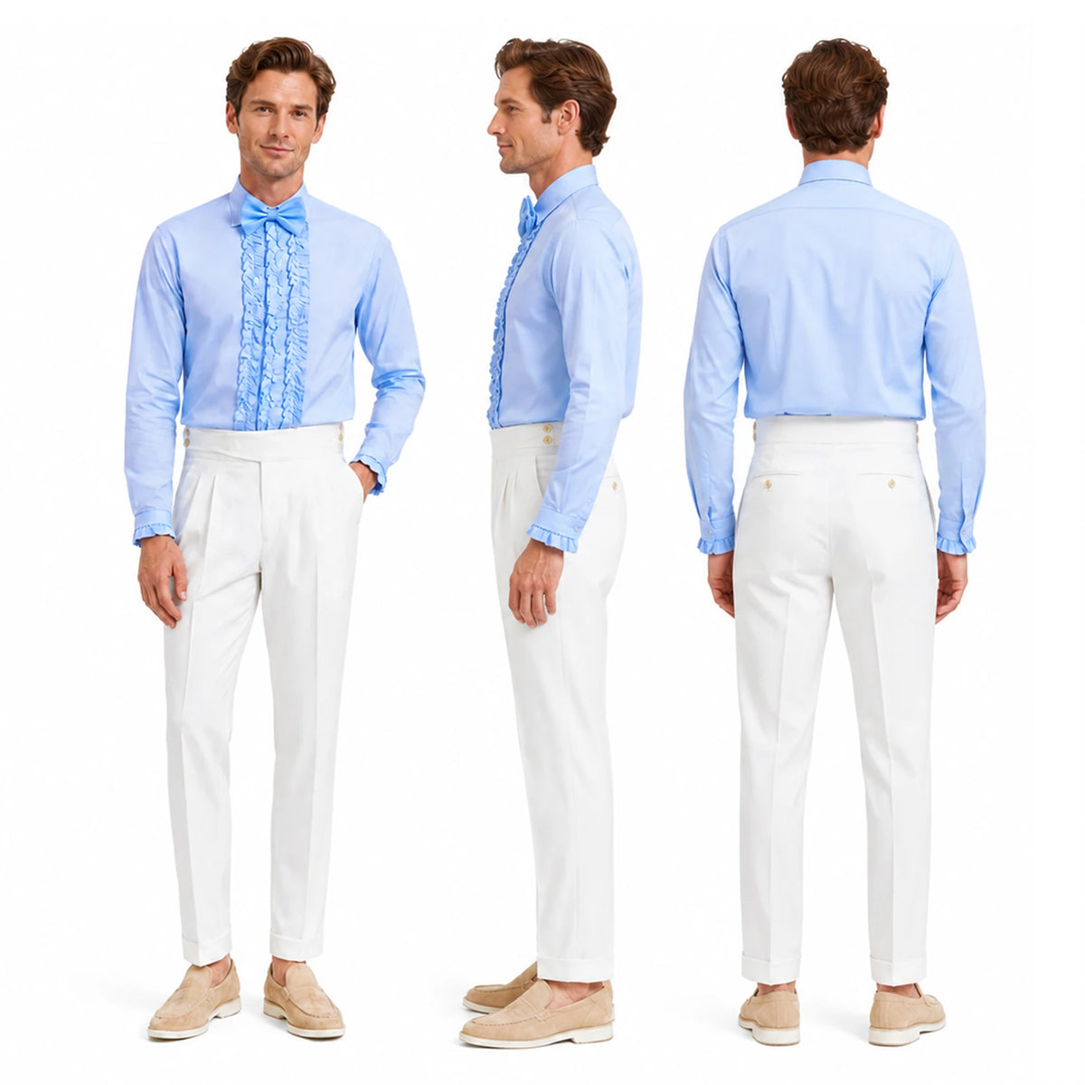 Front, side and rear views show the light-blue ruffle shirt styled with white trousers.