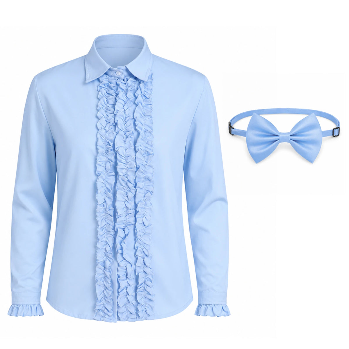 A light-blue long-sleeve shirt with front ruffles is displayed beside its matching bow tie on white.