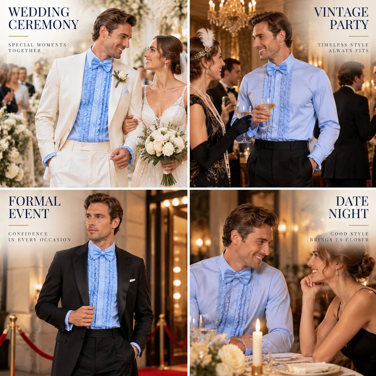 A four-panel collage shows the blue ruffle shirt styled for Wedding Ceremony, Vintage Party, Formal Event and Date Night.