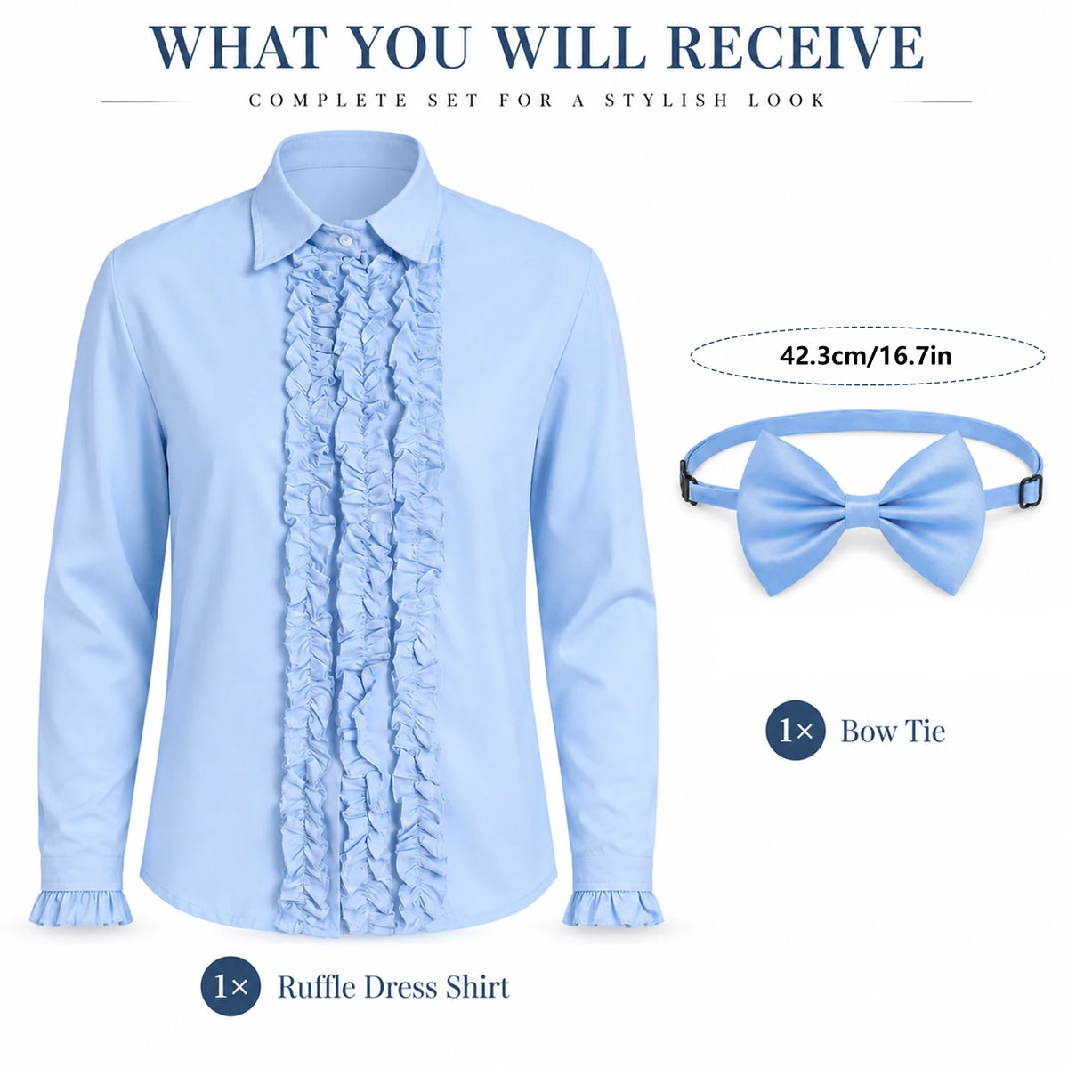 The contents graphic shows one ruffle dress shirt and one bow tie, with a strap marked 42.3 cm.