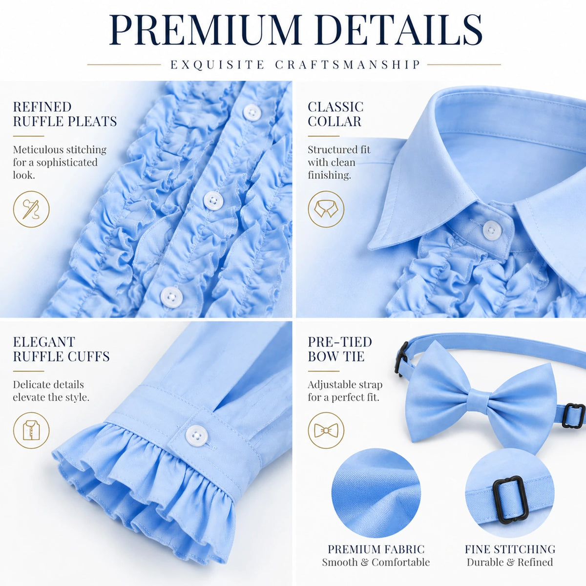 Detail panels show the shirt's ruffle pleats, classic collar, ruffle cuffs and pre-tied bow tie with adjustable strap.