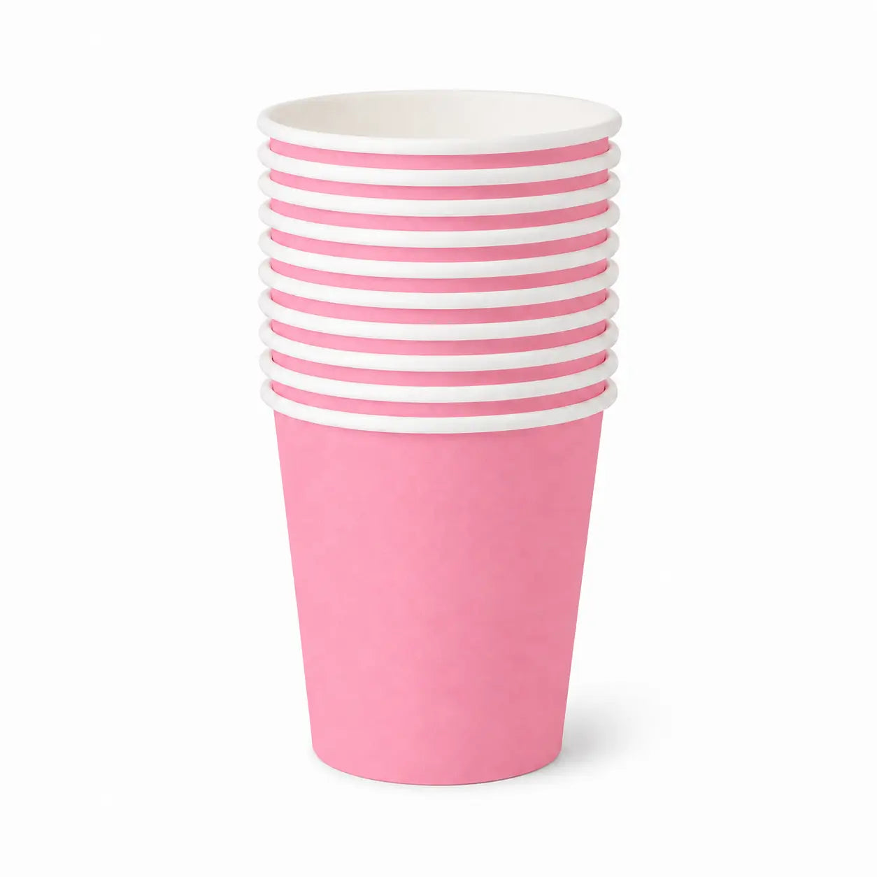 Stack of light pink disposable paper cups with white rims for birthday, bridal shower, bachelorette, girls night, and themed party decorations.