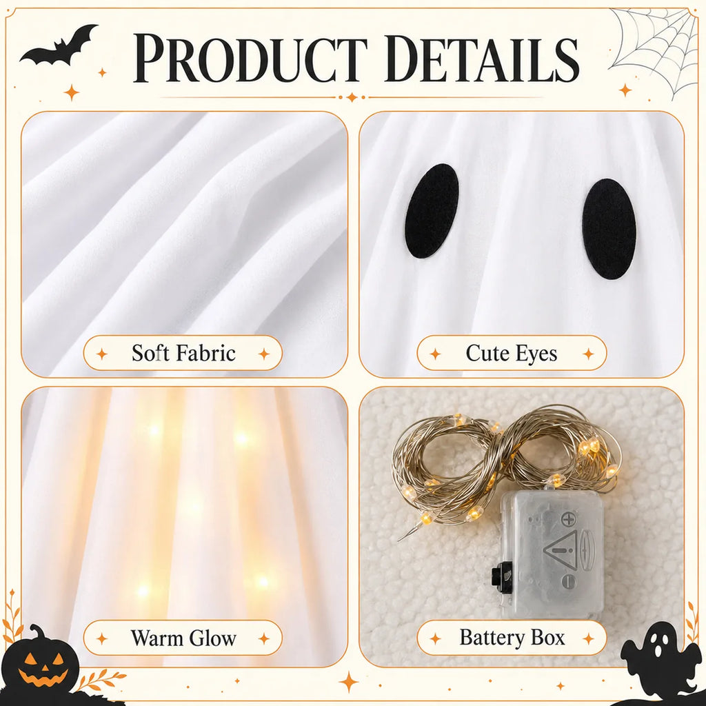 Close-up details of the light up ghost hanging set, showing visible texture, color, and construction.