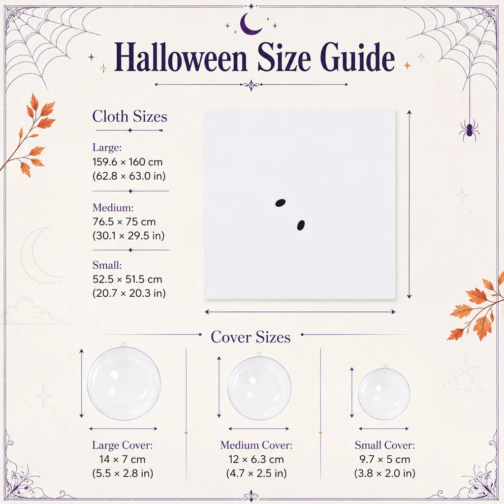 Dimension chart for the light up ghost hanging set, showing the listed product measurements and scale.