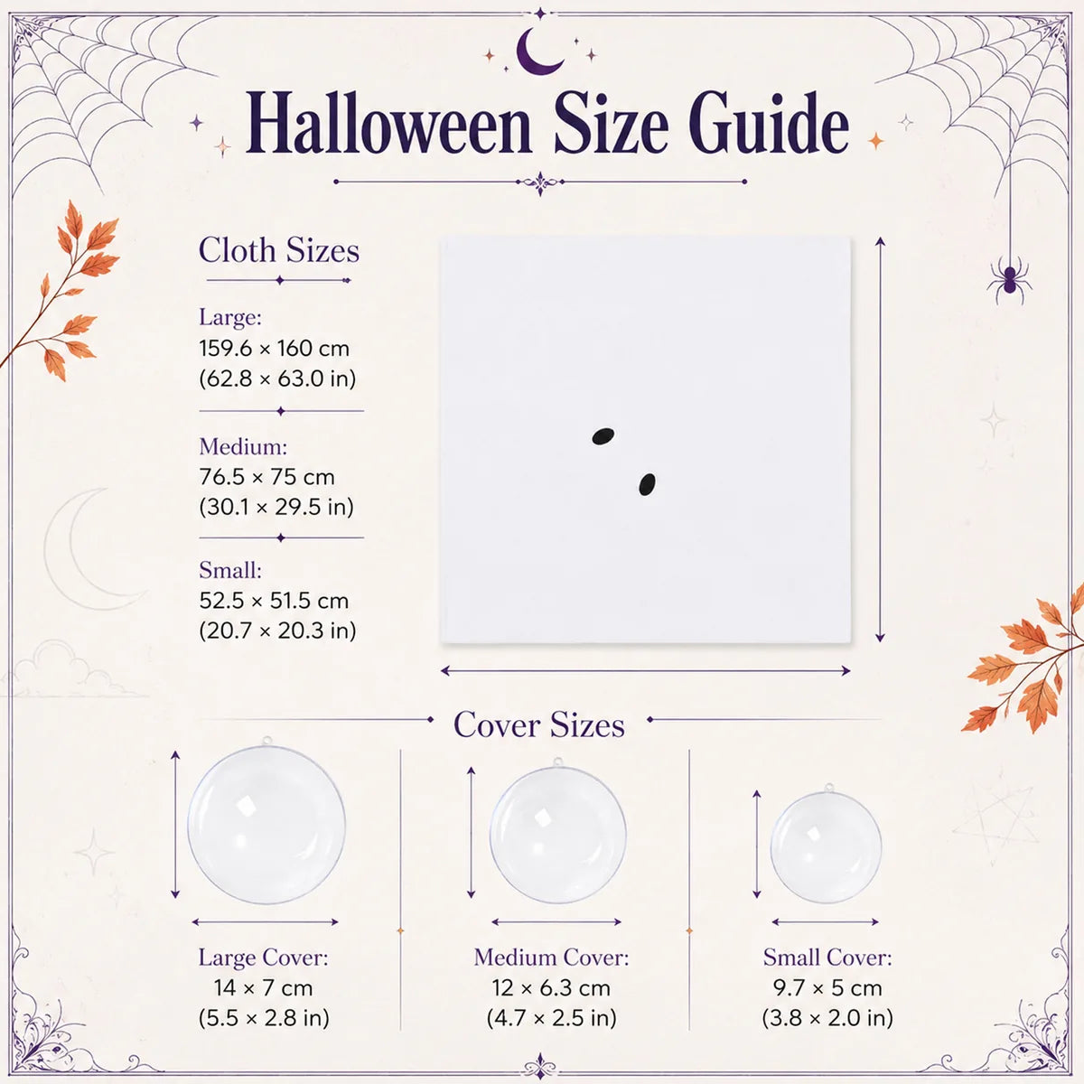 Dimension chart for the light up ghost hanging set, showing the listed product measurements and scale.