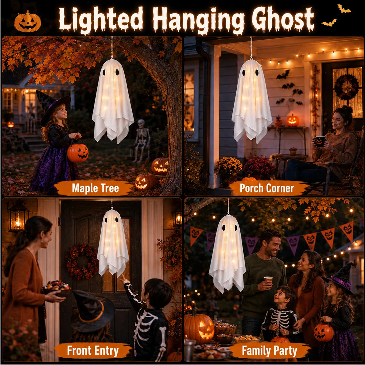 The light up ghost hanging set shown across several styled Halloween and event display scenes.