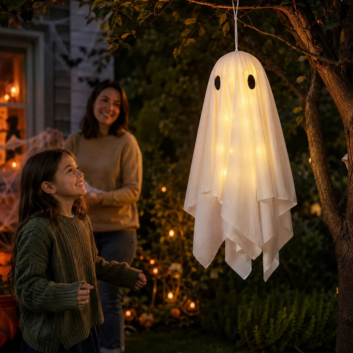 The light up ghost hanging set displayed in a styled Halloween scene for visual context.