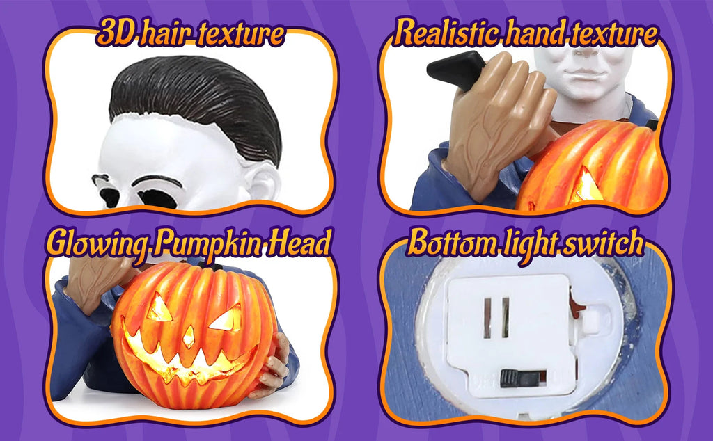 A detail panel presents masked Halloween figurine and pumpkin detail for the light-up masked horror pumpkin figurine, highlighting the masked figure, orange jack-o'-lantern and internal glow.