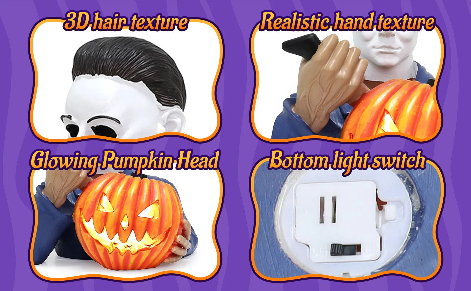 A detail panel presents masked Halloween figurine and pumpkin detail for the light-up masked horror pumpkin figurine, highlighting the masked figure, orange jack-o'-lantern and internal glow.