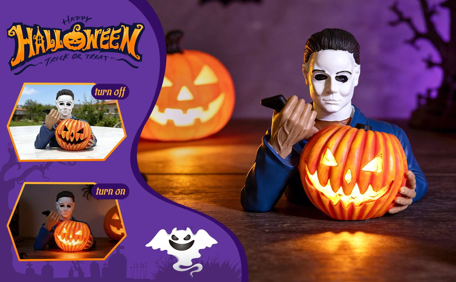 A detail panel presents masked horror pumpkin figurine light on and off comparison for the light-up masked horror pumpkin figurine, highlighting the masked figure, orange jack-o'-lantern and internal glow.