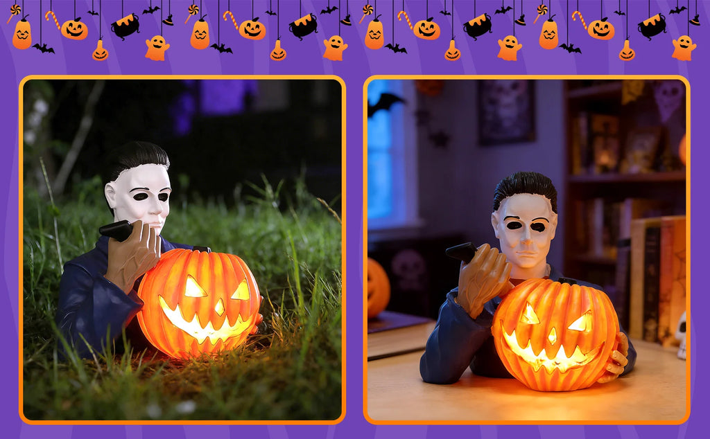 A themed setting presents glowing pumpkin horror figurine in Halloween display scenes, with the masked figure, orange jack-o'-lantern and internal glow clearly visible.