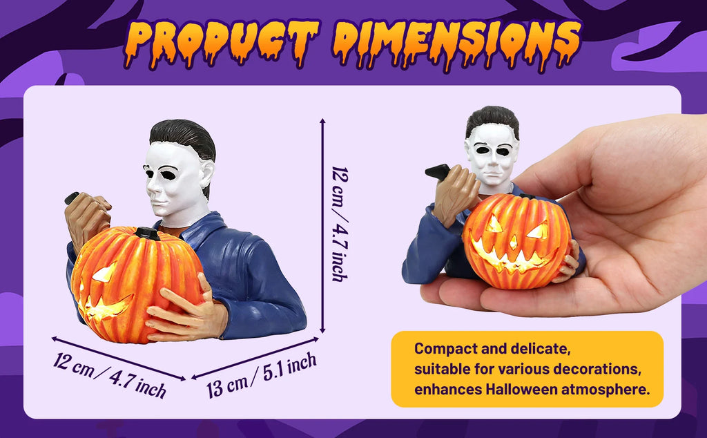 A measurement chart presents light-up Halloween pumpkin figurine size guide, including the visible size information for the light-up masked horror pumpkin figurine.