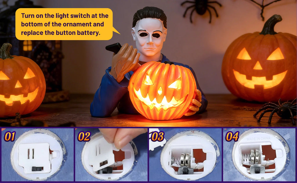 A detail panel shows the bottom power switch and battery compartment of the light-up masked horror pumpkin figurine.
