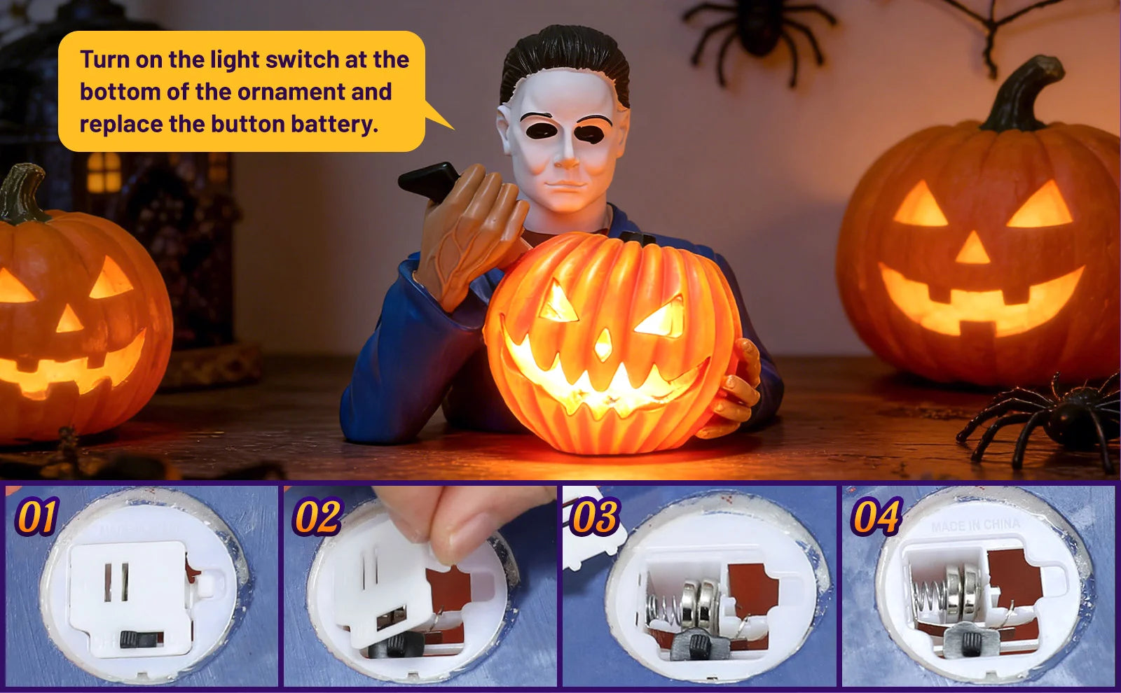 A detail panel shows the bottom power switch and battery compartment of the light-up masked horror pumpkin figurine.