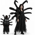 Woman in gothic Halloween costume wearing a black inflatable spider backpack