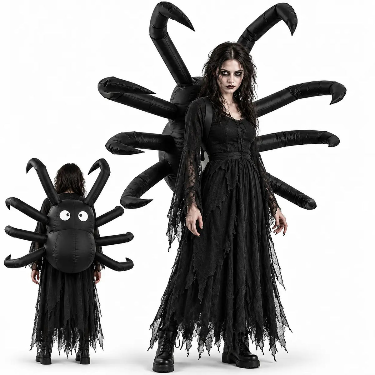 Woman in gothic Halloween costume wearing a black inflatable spider backpack