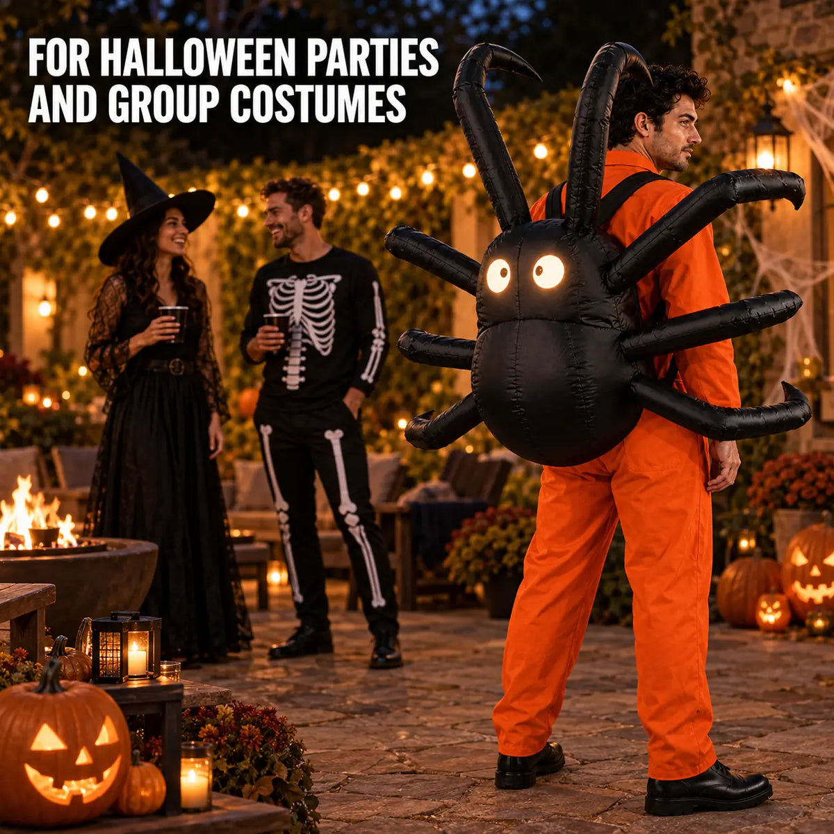 Man wearing a black inflatable spider backpack at an outdoor Halloween party