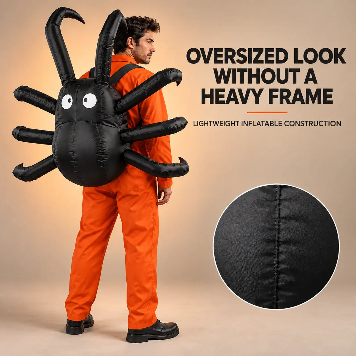 Black inflatable spider backpack shown on a model with lightweight construction detail
