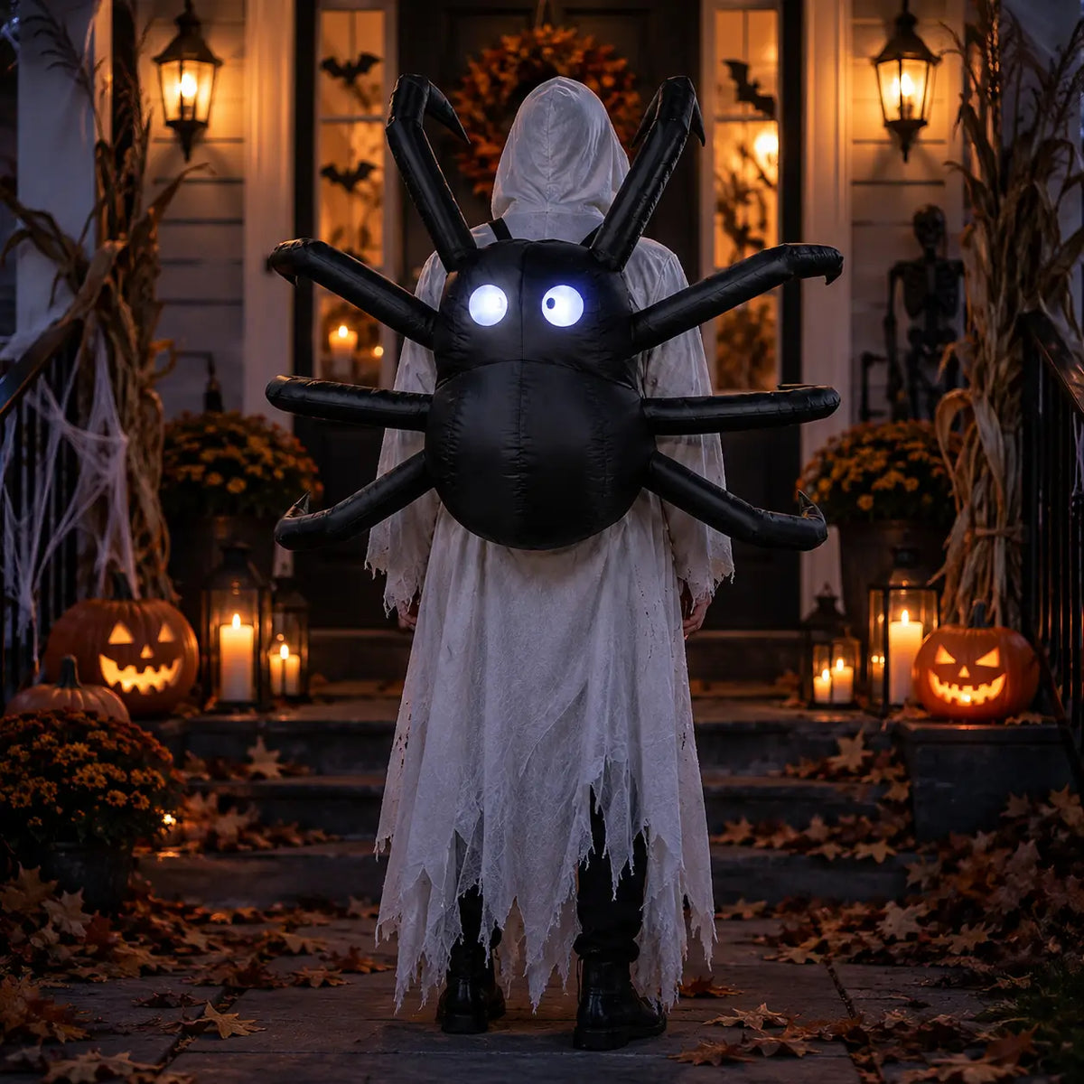 Black inflatable spider backpack with glowing eyes worn with a ghost costume at night