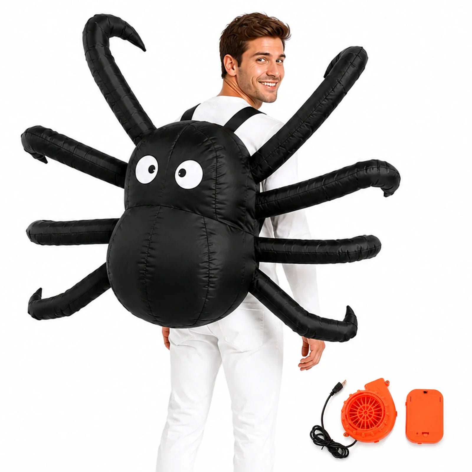 Adult models the Light-Up inflatable spider costume from the front against a clean white background.