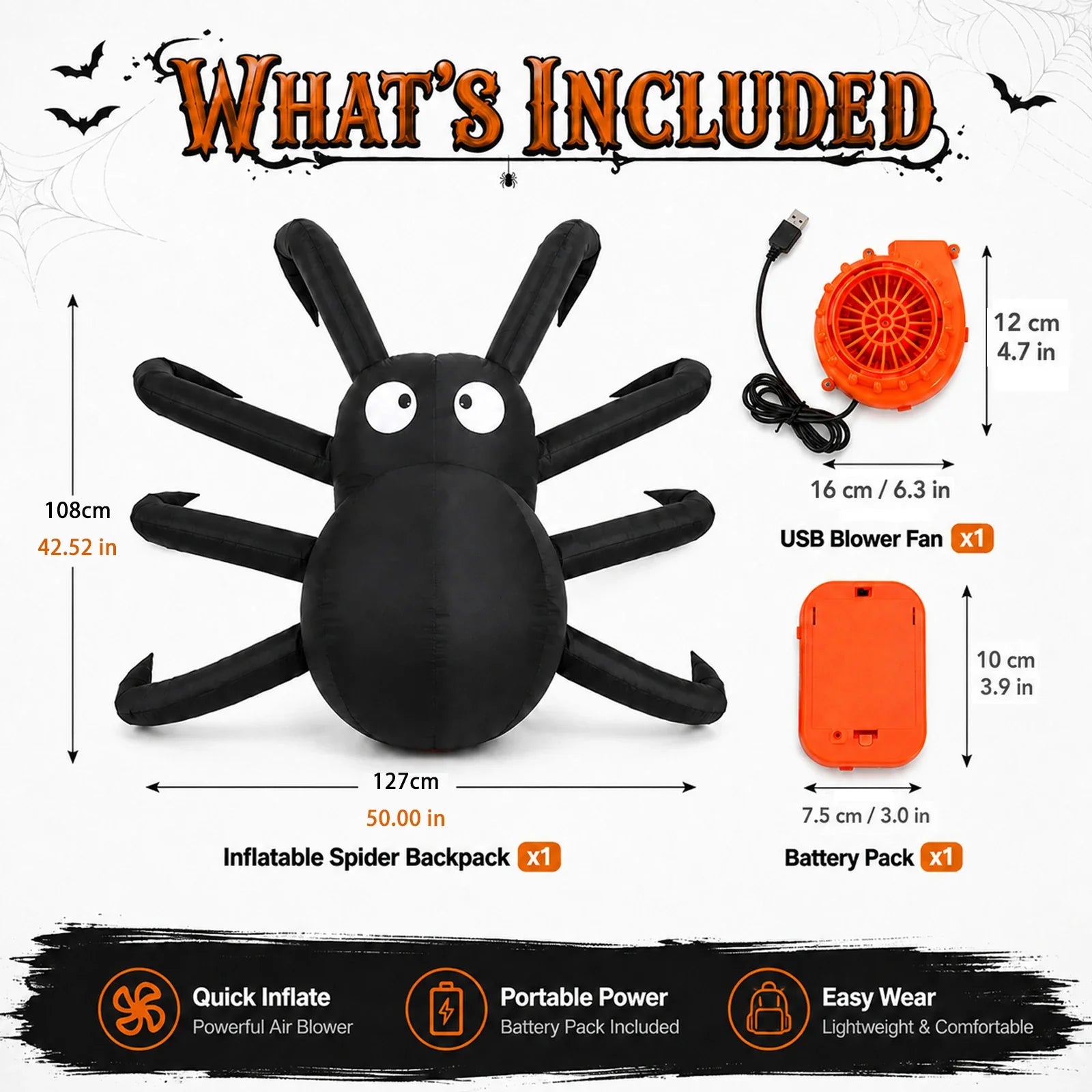 Close-up panels show the surface, seams and construction features of the Light-Up inflatable spider costume.