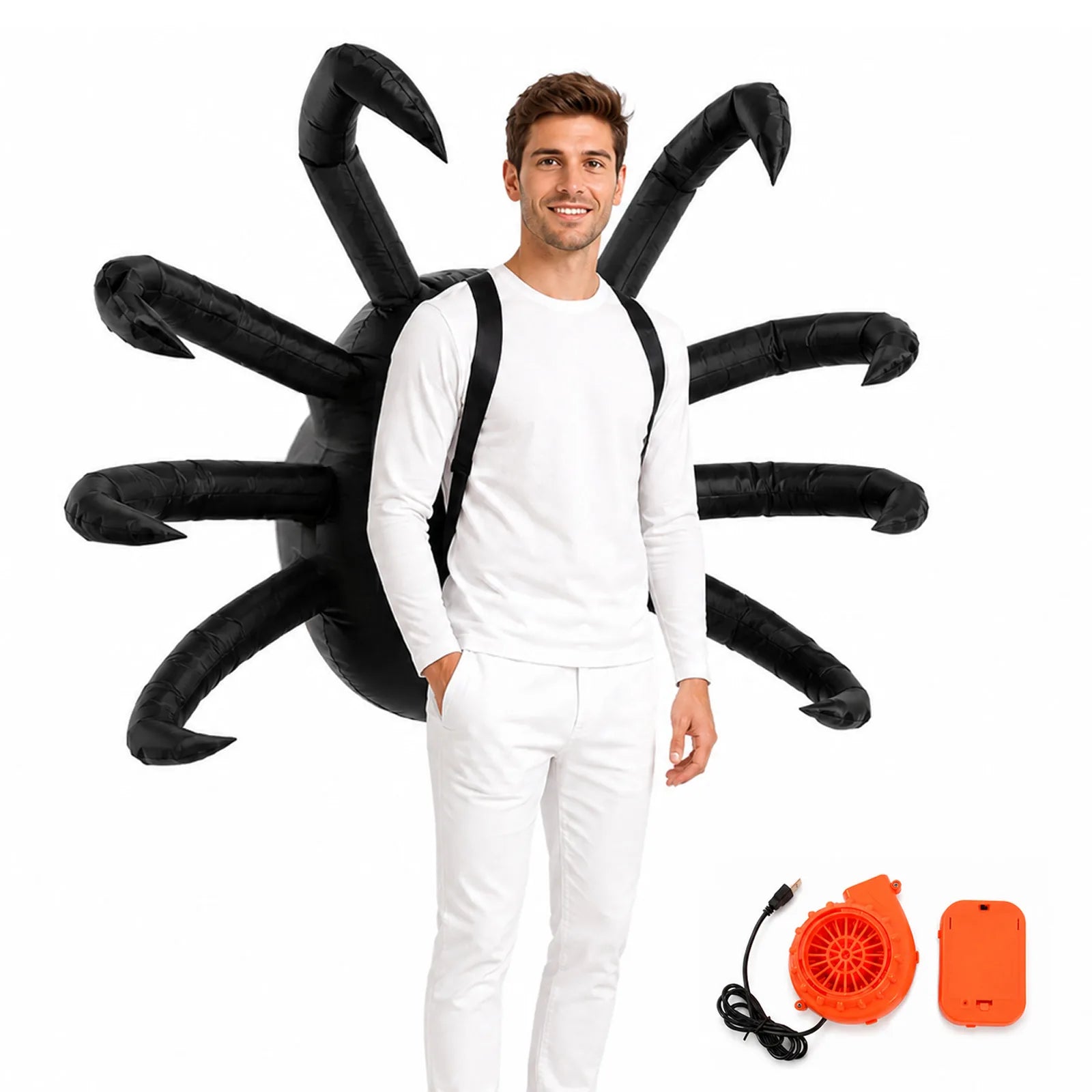 Front product view of the Light-Up inflatable spider costume showing the oversized body and eight extended legs.