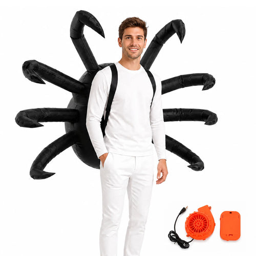 Front product view of the Light-Up inflatable spider costume showing the oversized body and eight extended legs.