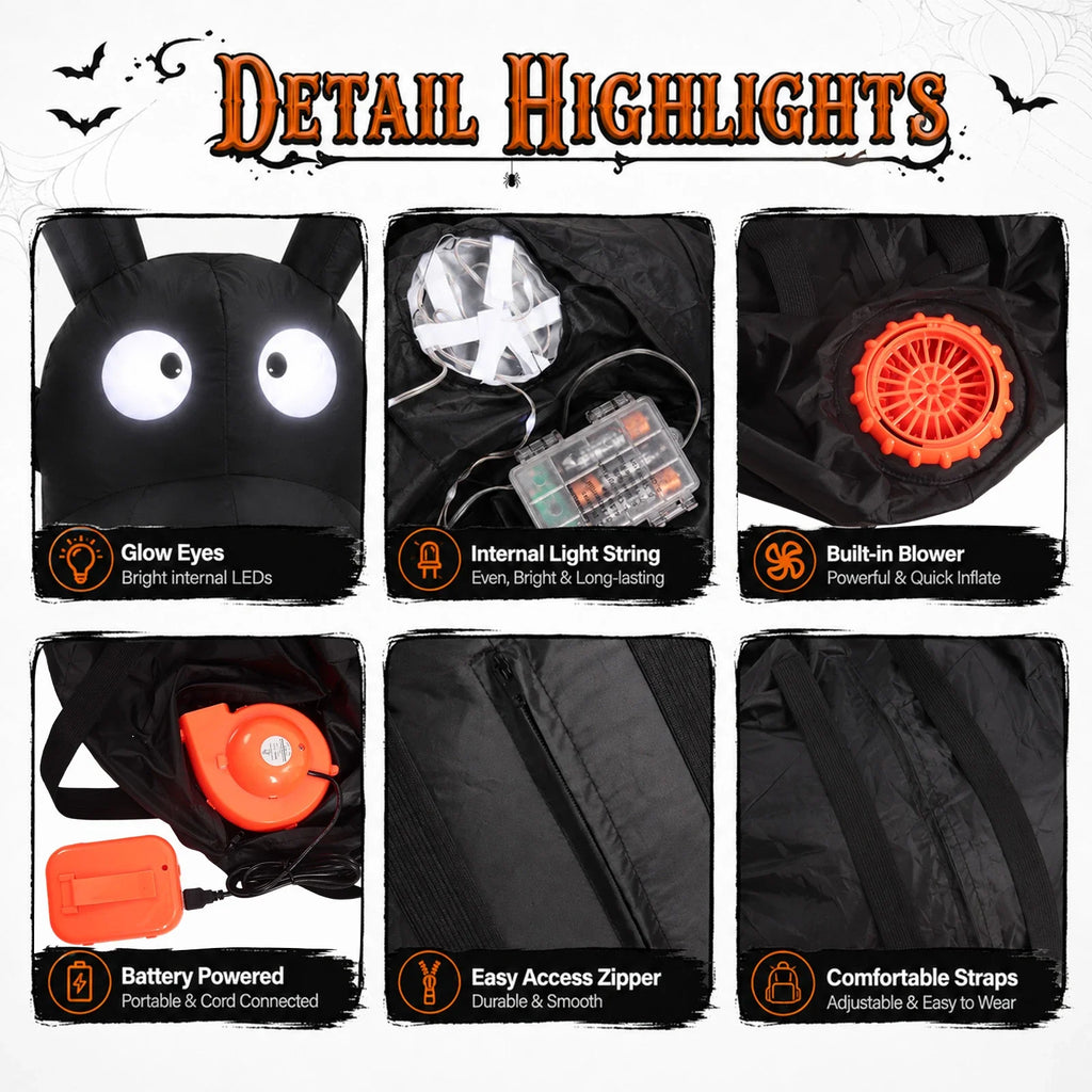 Included-items guide for the Light-Up inflatable spider costume shows the spider body, USB blower fan and battery pack.