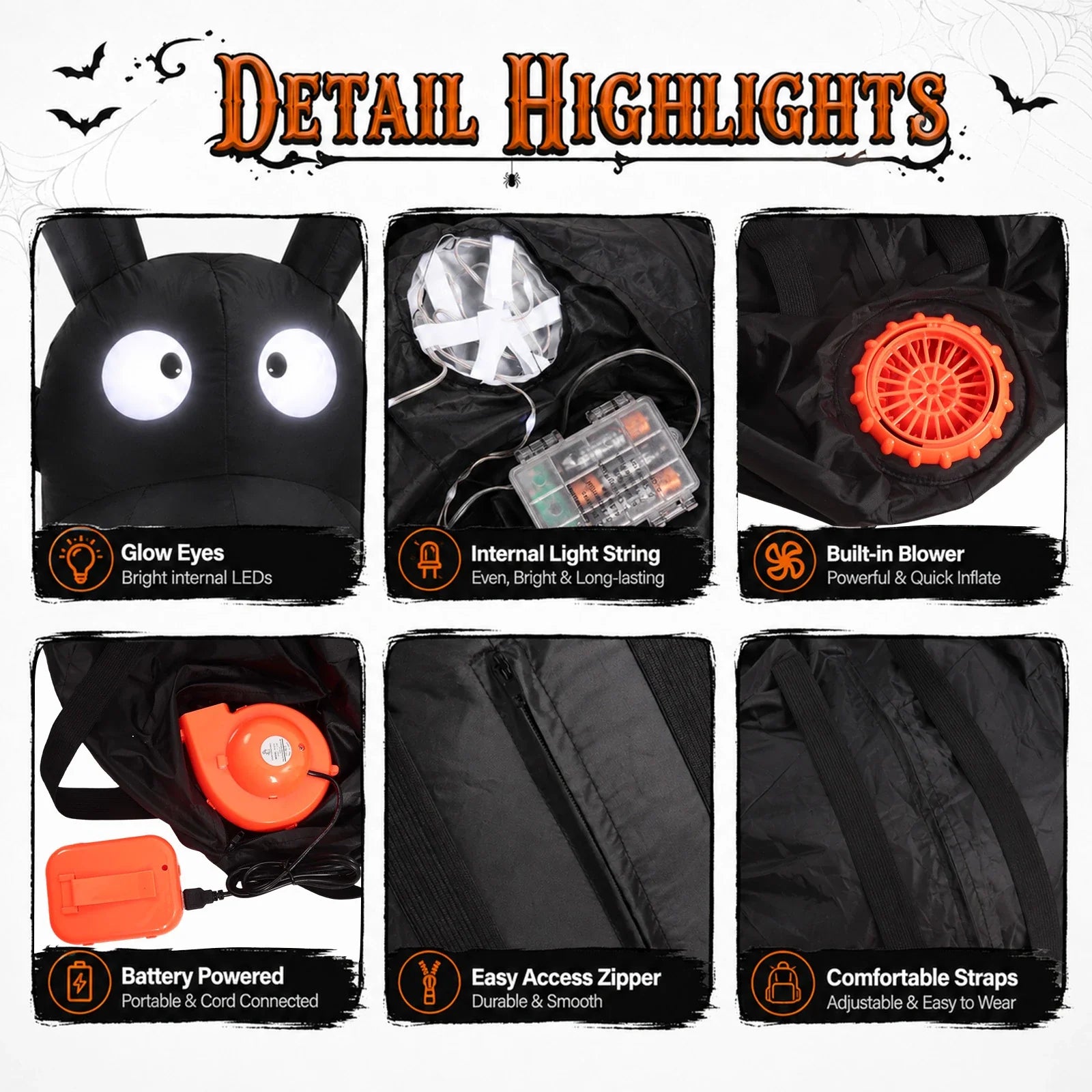 Included-items guide for the Light-Up inflatable spider costume shows the spider body, USB blower fan and battery pack.