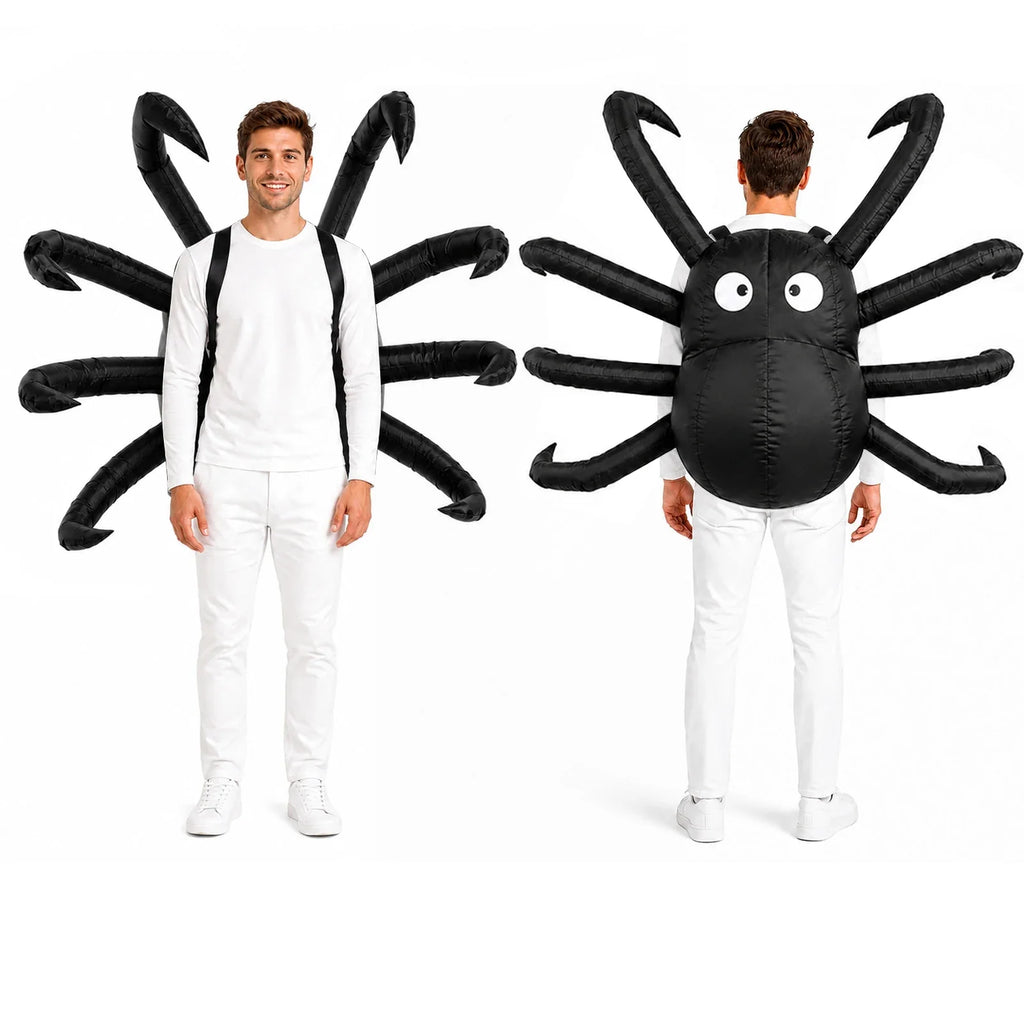 Multiple worn views highlight the oversized spider body and extended leg silhouette of the Light-Up inflatable spider costume.