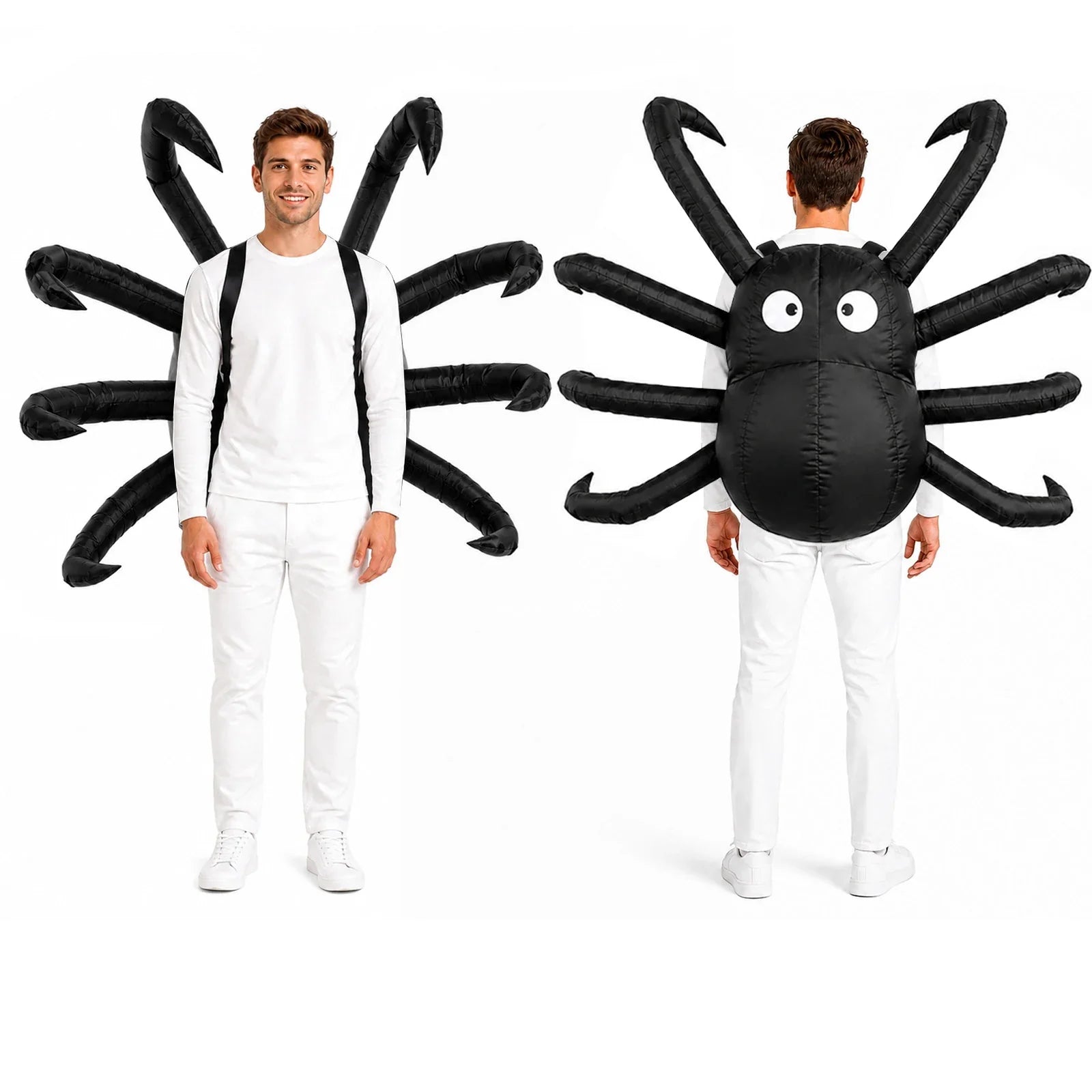 Multiple worn views highlight the oversized spider body and extended leg silhouette of the Light-Up inflatable spider costume.