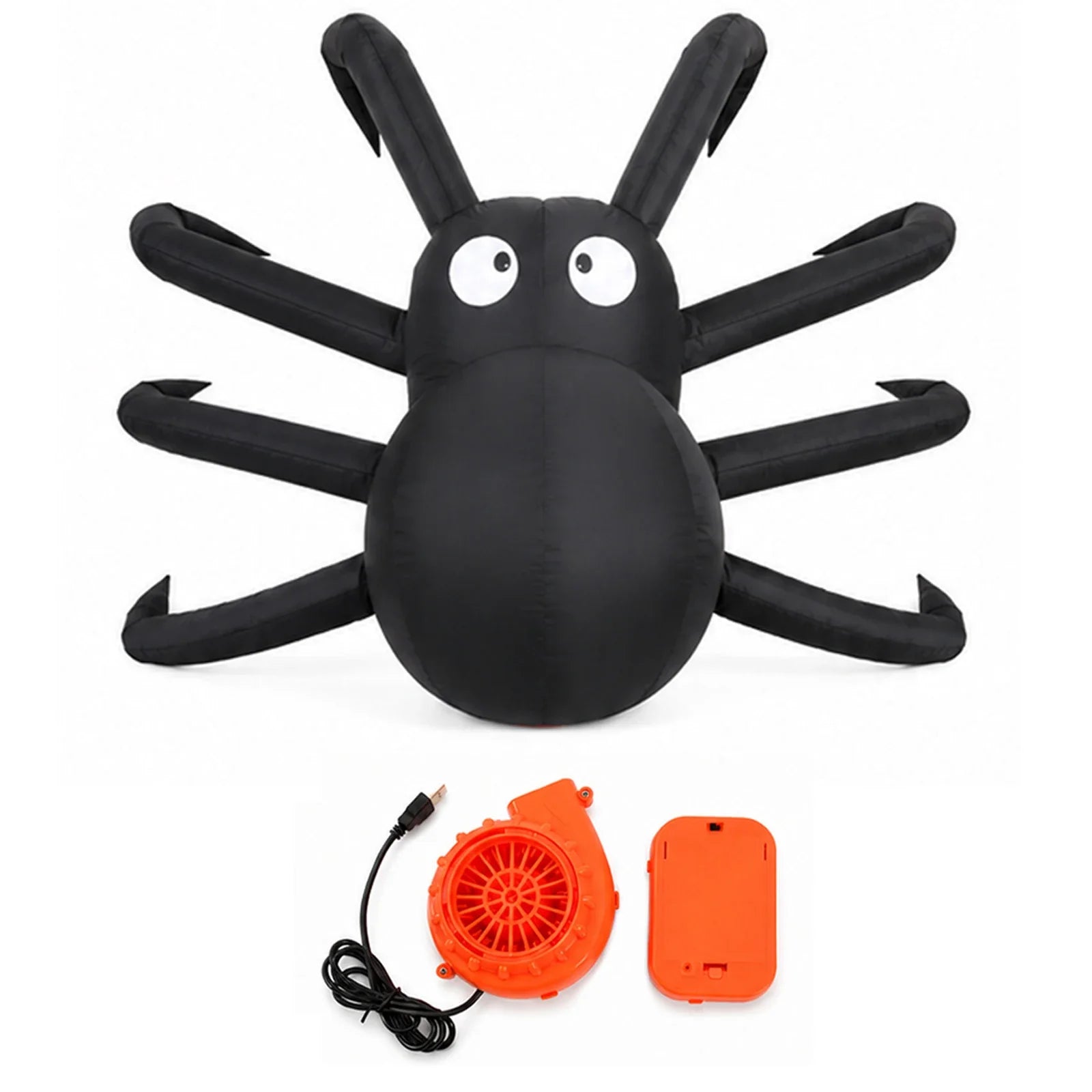 Side and rear worn views show the depth, shoulder straps and leg arrangement of the Light-Up inflatable spider costume.