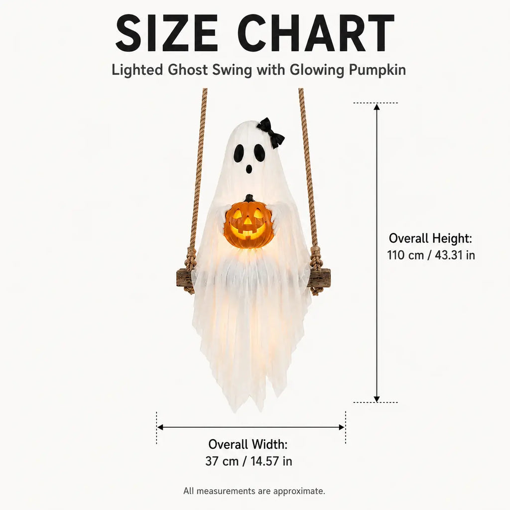Lighted ghost swing with glowing pumpkin size chart showing ghost body height and width