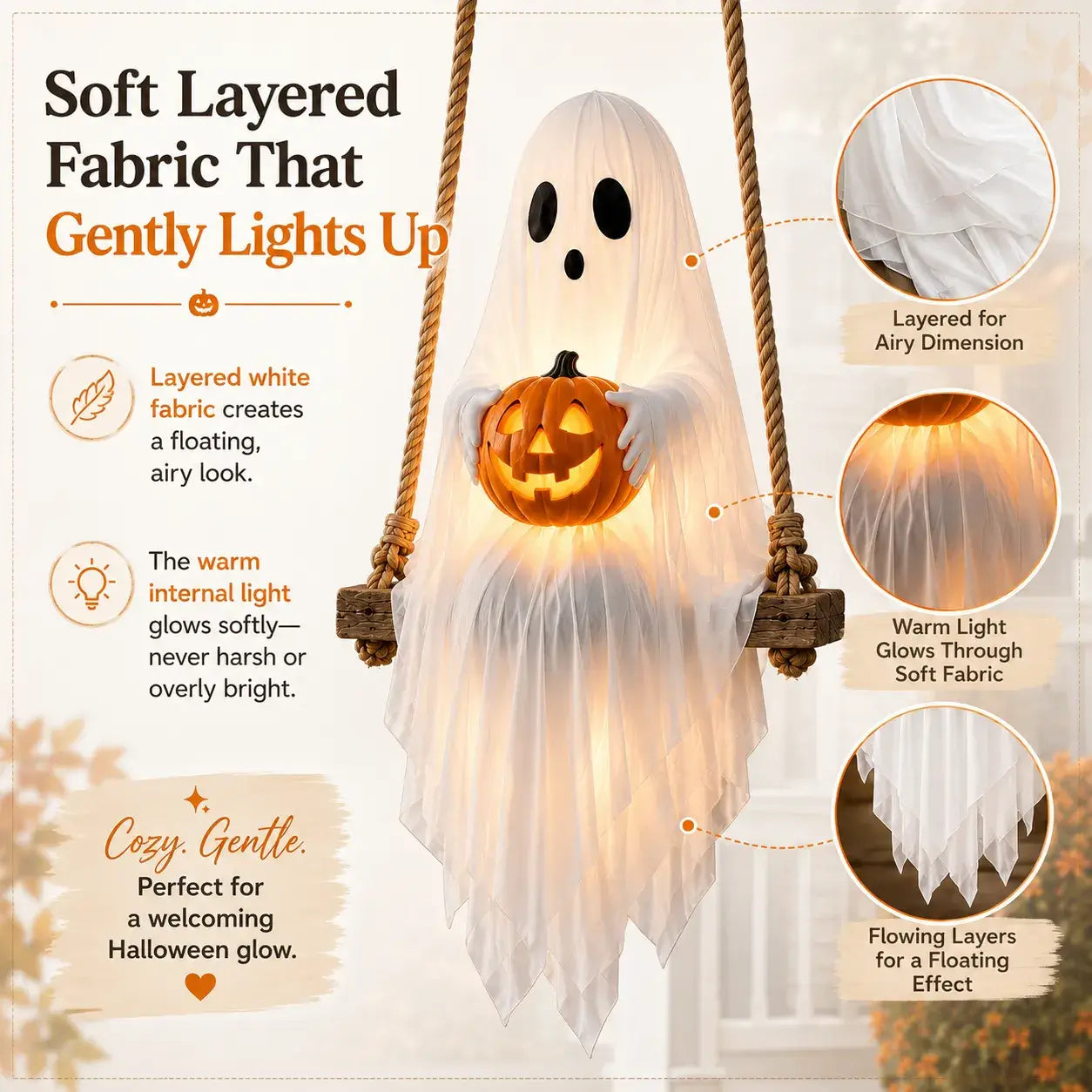 Lighted ghost swing with soft layered fabric and gentle internal glow