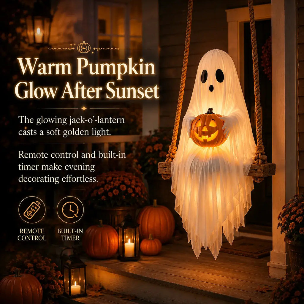 Lighted ghost swing with remote control timer and warm pumpkin glow
